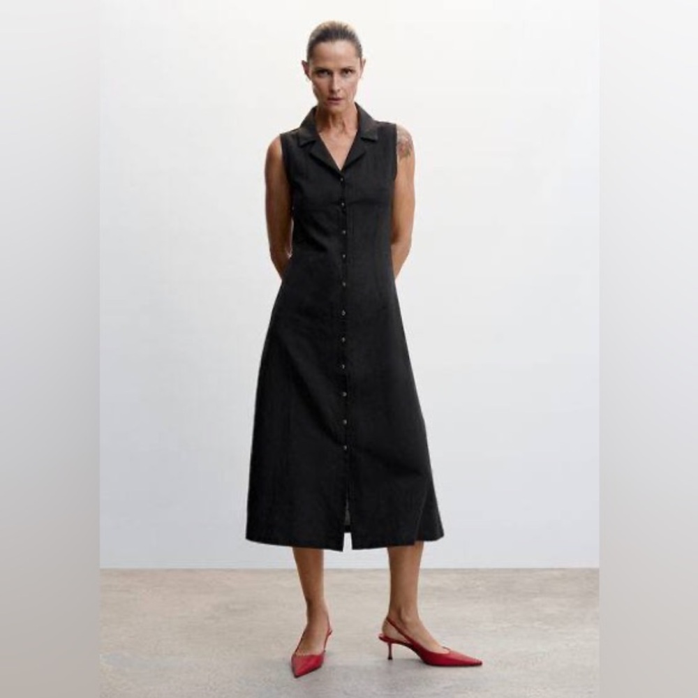 Grace Vintage Silk Linen Button A-line Flare Maxi Summer  Navy shirt vest Dress